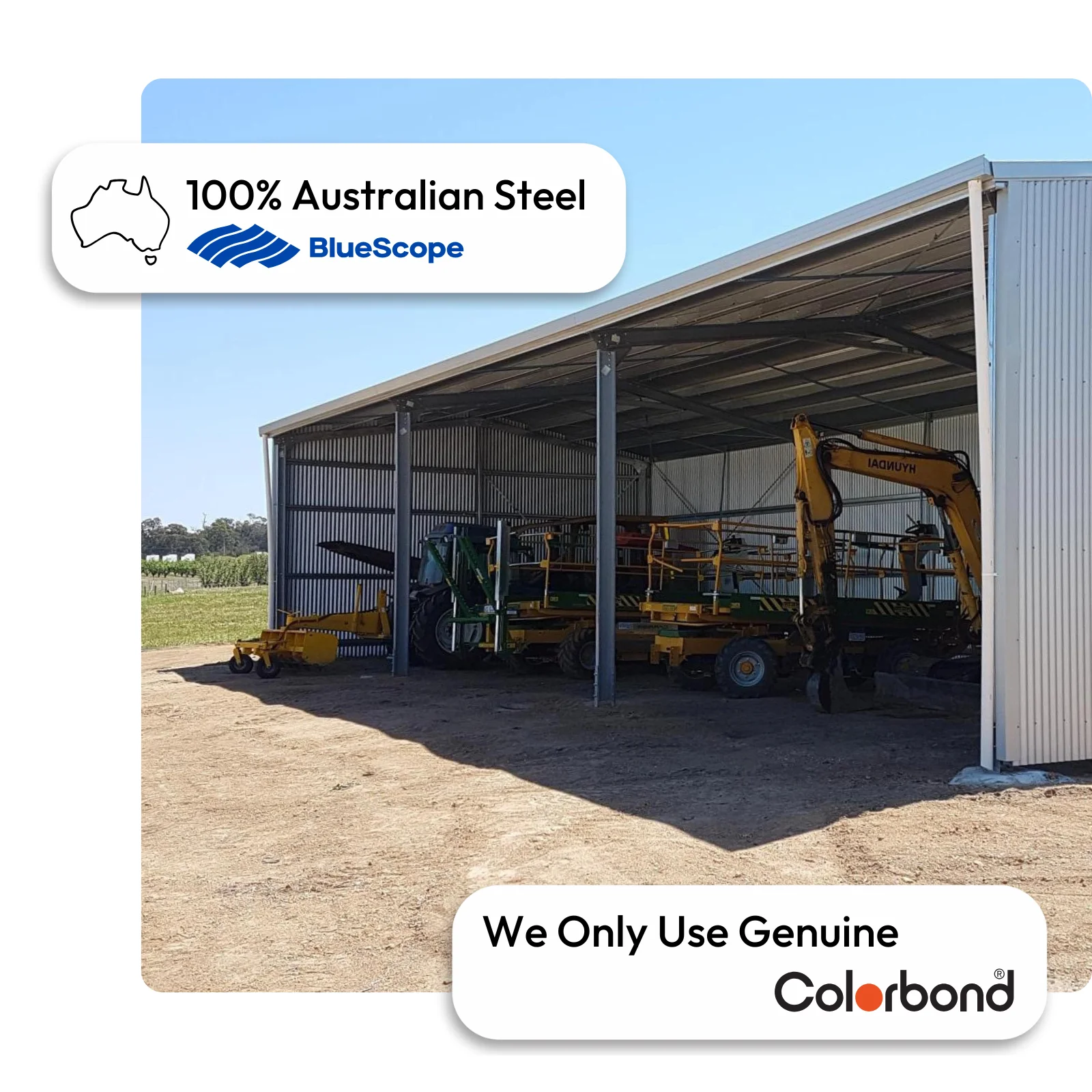Australian-made machinery shed with open front and gable roof featuring ZINCALUME® roof and ZINCALUME® walls