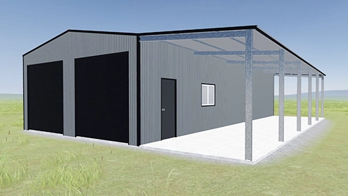 Render of a clients large Colorbond garage with an awning and two roller doors.