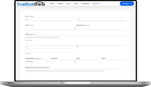 True Blue Sheds written quote request form displayed on desktop screen