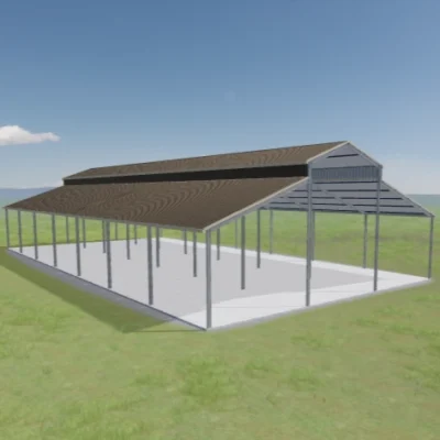 Australian-made dairy shed with a dual gable roof featuring Jasper® roof
