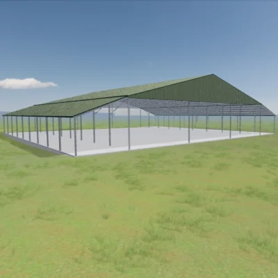 Australian-made dairy shed with a large gable roof featuring Pale Eucalypt® roof and walls