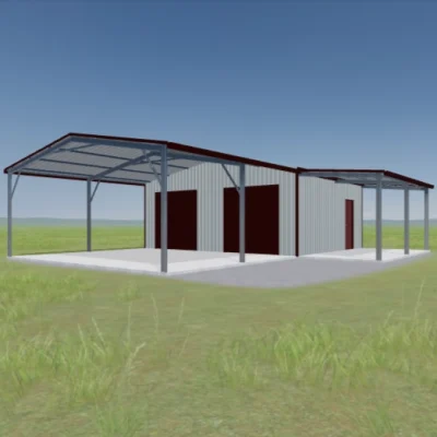 Australian-made large garage with roller doors and attached awnings featuring Shale Gray™ roof and walls