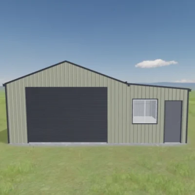 Australian-made single garage with a roller door and a personal door featuring Basalt® roof and Evening Haze® walls.