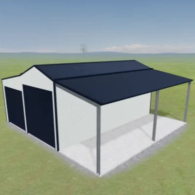 Australian-made Aussie Barn with one side open featuring Monument® roof and Surfmist® walls