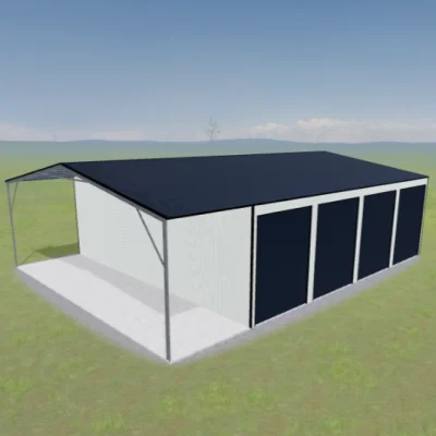 Australian-made commercial industrial shed with four roller doors and an awning, featuring Deep Ocean® roof and Dover White™ walls