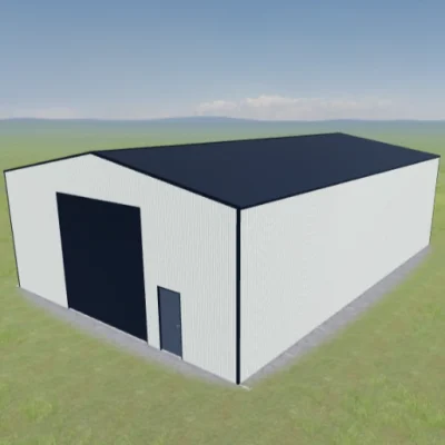 Australian-made commercial industrial shed with a large roller door and personal door, featuring Deep Ocean® roof and Dover White™ walls