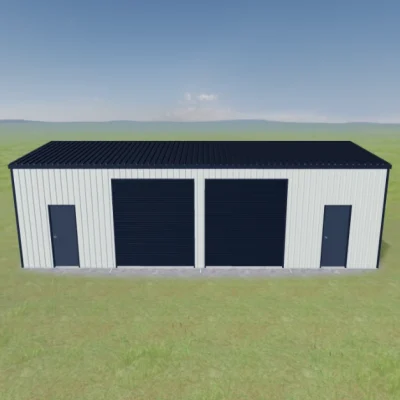 Australian-made commercial shed with dual roller doors and personal access doors featuring Dover White™ roof and Deep Ocean® walls