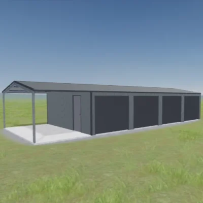 Australian-made garaport with four roller doors and open bay featuring Basalt® roof and Basalt® walls