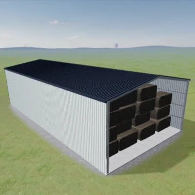 Australian-made Hay Shed with gable roof and open front featuring Deep Ocean® roof and Dover White™ walls