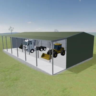 Australian-made four-bay machinery shed with open storage featuring Pale Eucalypt® roof and walls
