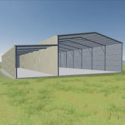 Australian-made open gable shed with large awning and open bays featuring Classic Cream™ roof and walls