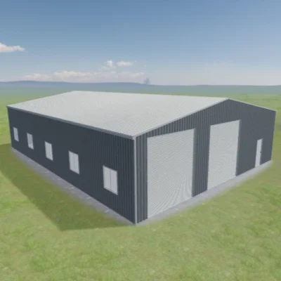 Australian-made shearing shed with multiple windows and roller doors featuring Shale Grey™ roof and Windspray® walls