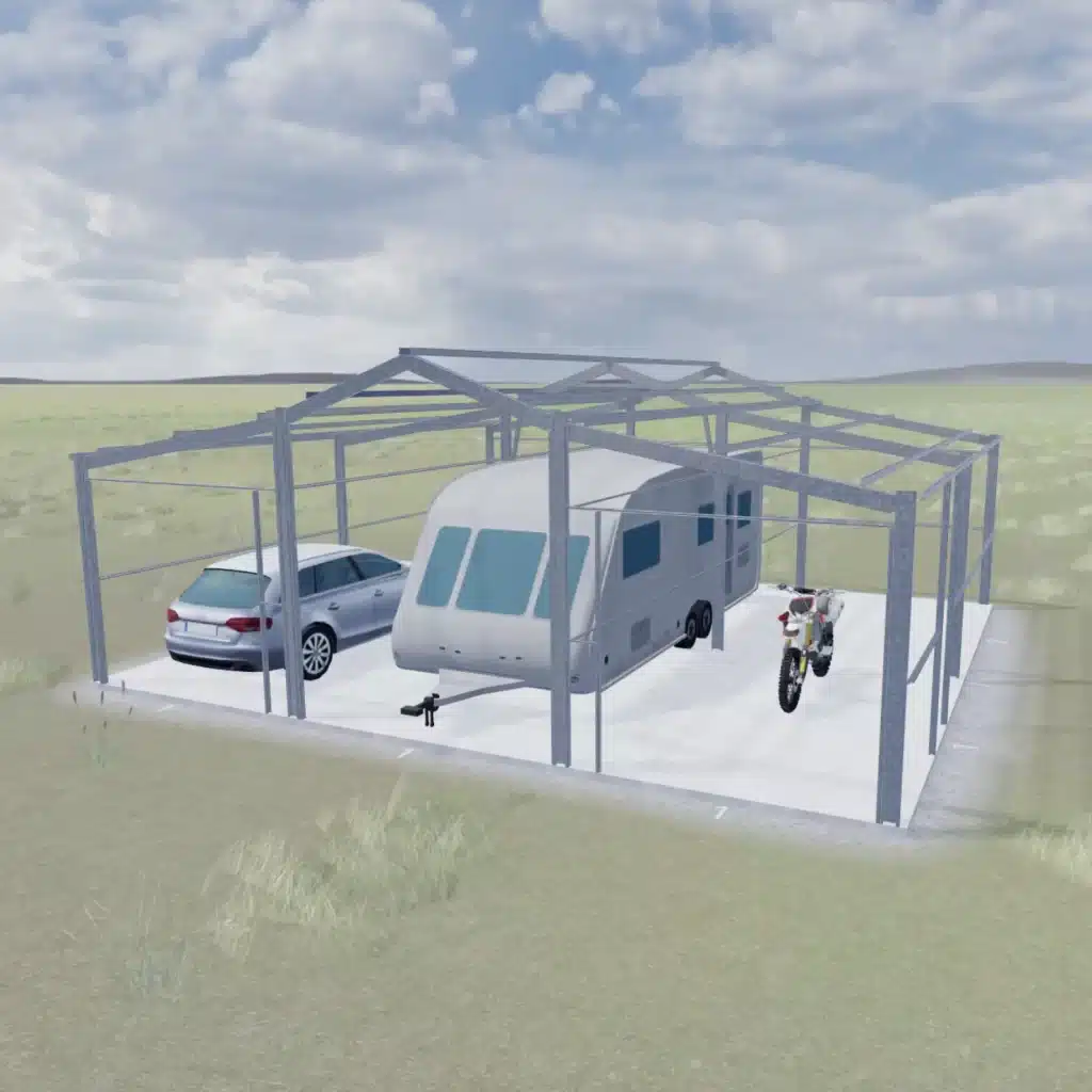 render of an Aussie Barn with caravan, car and bike under cover