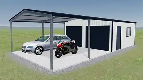 Render of a car garage with a carport out the front