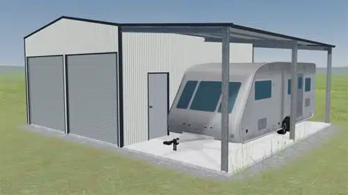 Render of a garage with a awnming covering a caravan