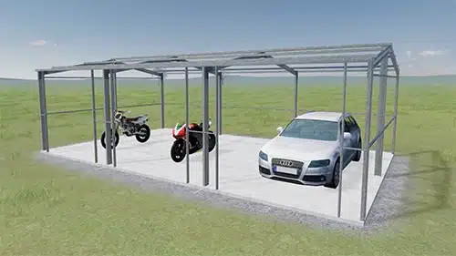 Render of a 3 car garage with no walls and a car and 2 motorbikes inside.