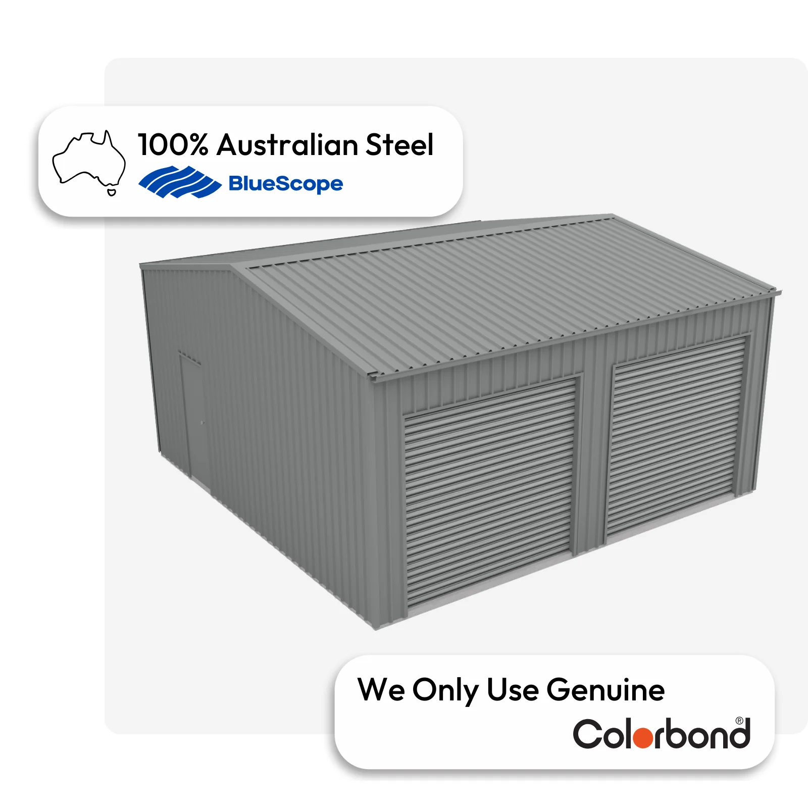 Australian-made garage with dual roller doors and a personal access door, featuring a Basalt® roof and Basalt® walls.