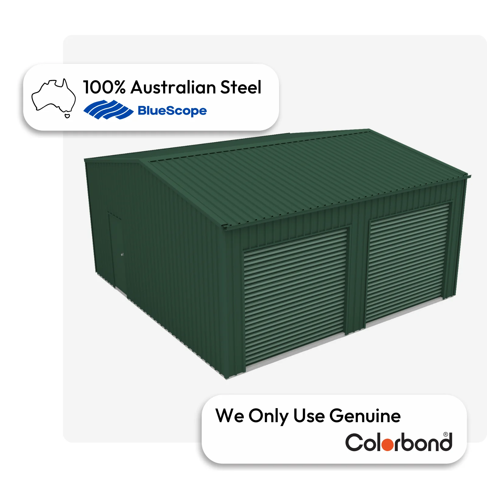 Australian-made garage with dual roller doors and a personal access door, featuring a Cottage Green® roof and Cottage Green® walls.