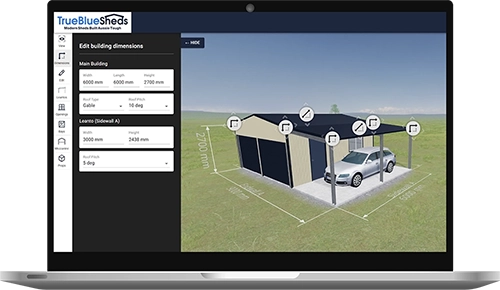 True Blue Sheds 3D online shed designer displayed on computer screen