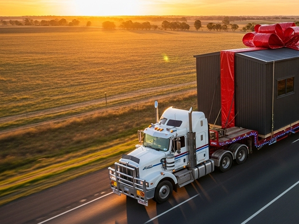 Truck delivering a large shed wrapped like a Christmas present on an open country road at sunset.
