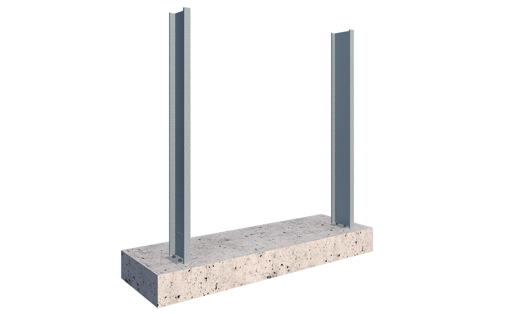 Animated diagram showing shed wall insulation installation between steel frame posts on concrete slab foundation