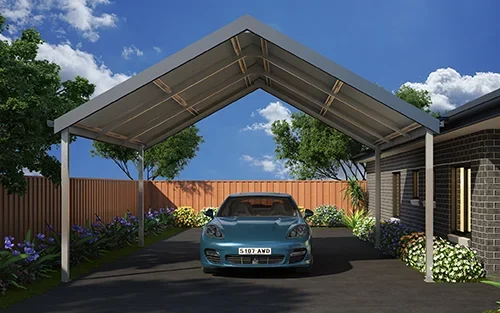 Render of a 6m x 6m carports with four posts and a 25 degree roof pitch.