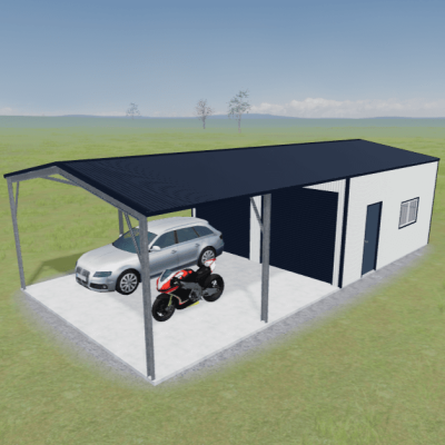 Render of a double garage with an double carport off the front.