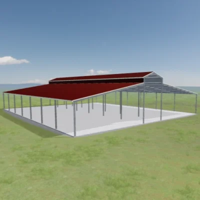 Australian-made dairy shed with a dual gable roof featuring Manor Red® roof