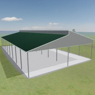 Australian-made dairy shed with a gable roof featuring Cottage Green® roof and Dune® walls