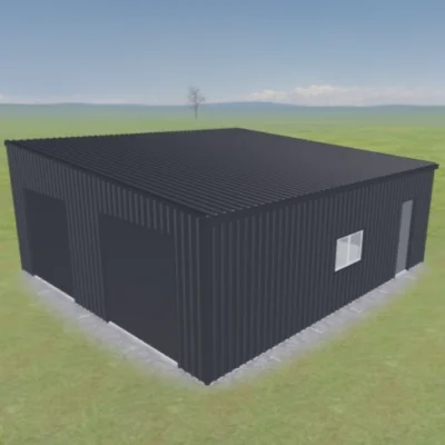 Australian-made double garage with twin roller doors and a personal door featuring Basalt® roof and walls