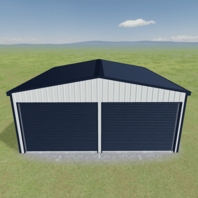Render of a double garage with two roller doors in the end.