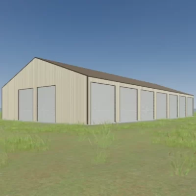 Australian-made long self storage building with multiple large roller doors featuring Jasper® roof and Classic Cream™ walls.