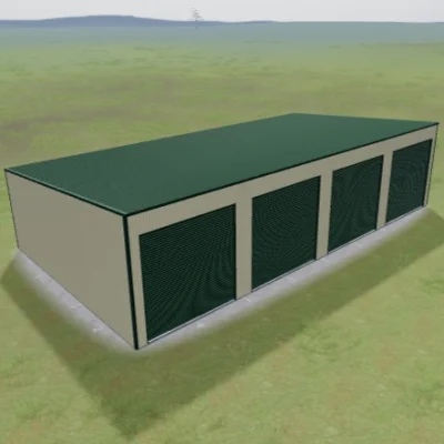 Australian-made self storage building with four roller doors featuring Cottage Green® roof and Classic Cream™ walls.