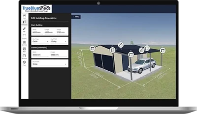 True Blue Sheds 3D online shed designer displayed on computer screen