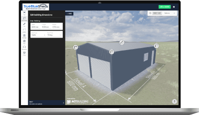 True Blue Sheds 3D online shed designer displayed on computer screen