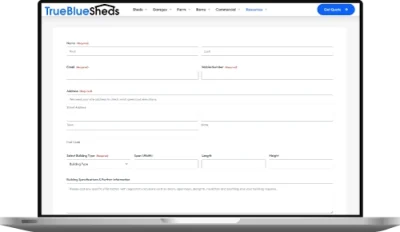 True Blue Sheds written quote request form displayed on desktop screen