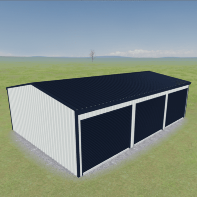 Render of a triple garage with three roller doors in the side.