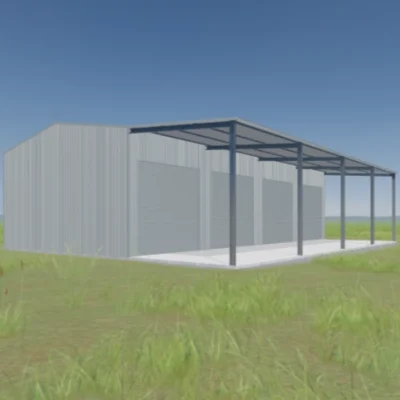 Australian-made workshop shed with awning and roller doors featuring Shale Grey™ roof and walls.