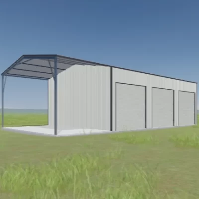 Australian-made workshop shed with gable roof and three roller doors featuring Surfmist® roof and walls.