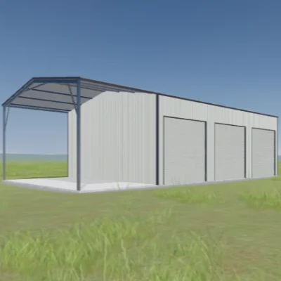 Australian-made workshop shed with gable roof and three roller doors featuring Surfmist® roof and walls.