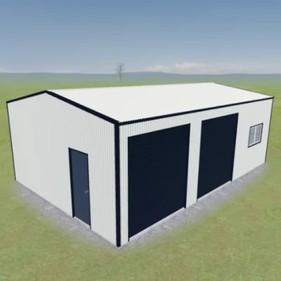 Australian-made workshop shed with gable roof and twin roller doors featuring Dover White™ roof and walls.