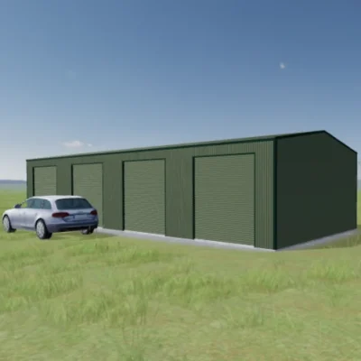 Australian-made large workshop shed with four roller doors featuring Pale Eucalypt® roof and walls.
