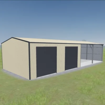 Australian-made workshop shed with open side and roller doors featuring Classic Cream™ roof and walls.