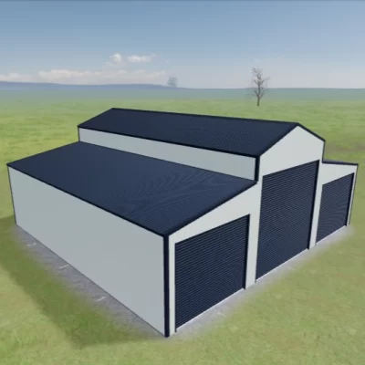 American Barn | Large Roller Doors & Mezzanine | Dover White™ & Deep Ocean® | True Blue Sheds Australian-made American barn with large roller doors and mezzanine featuring Dover White™ roof and Deep Ocean® walls
