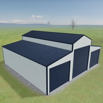Australian-made American barn with large roller doors and mezzanine featuring Dover White™ roof and Deep Ocean® walls