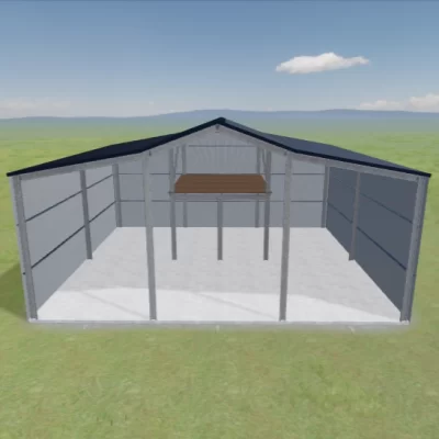 Australian-made Aussie Barn with 4.2m gutter height and mezzanine halfway featuring Monument® roof and Surfmist® walls