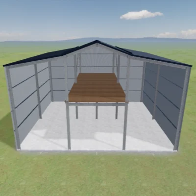 Australian-made Aussie Barn with 5.5m gutter height and mezzanine featuring Monument® roof and Surfmist® walls