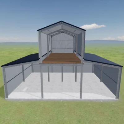 Australian-made American Barn with 5.5m to the gutter and mezzanine featuring Monument® roof and Surfmist® walls