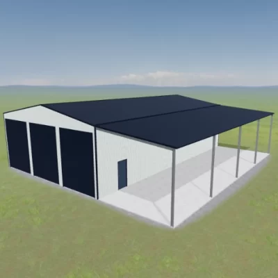 Australian-made commercial industrial shed with three roller doors and an awning, featuring Deep Ocean® roof and Dover White™ walls