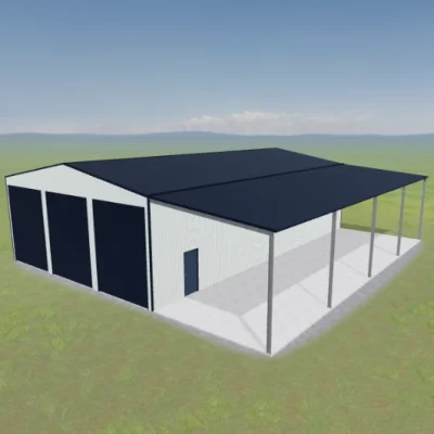 Australian-made commercial industrial shed with three roller doors and an awning, featuring Deep Ocean® roof and Dover White™ walls